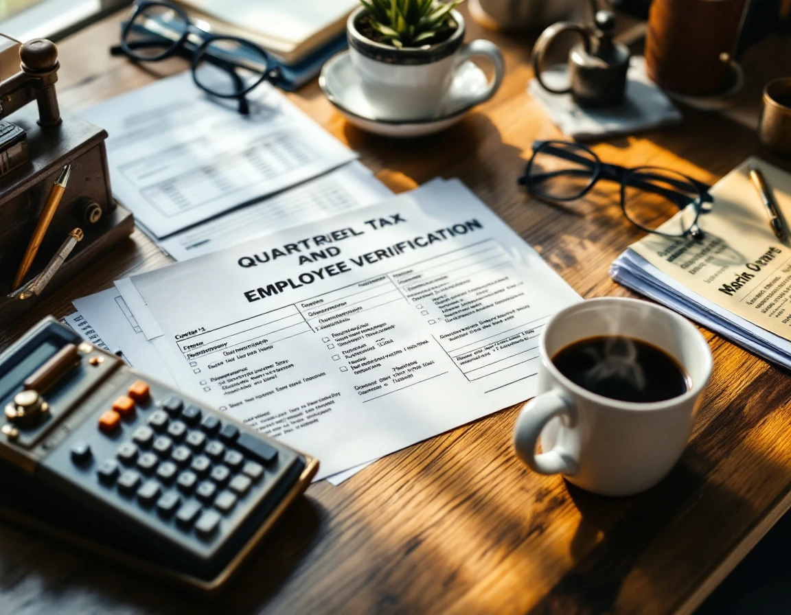 Wooden desk with vintage calculator, coffee mug, and employee verification paperwork for quarterly tax prep