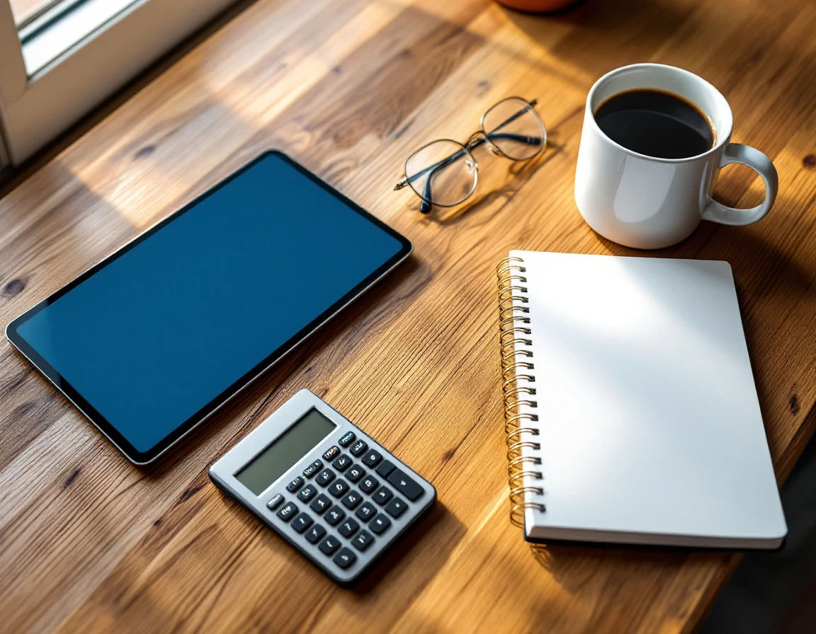 Organized desk workspace with calculator, notebook, and coffee during year-end payroll reconciliation
