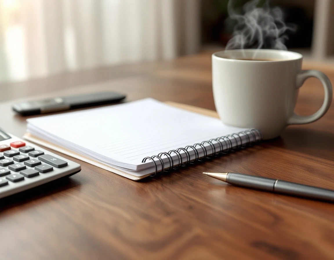Wooden desk with calculator, blank notepad, coffee mug, and pen for third-quarter payroll preparation