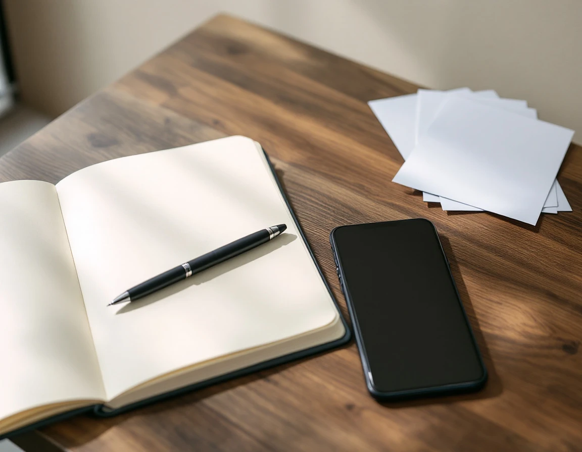 Organized desk with notebook, calculator, and blank receipt papers for expense tracking and documentation