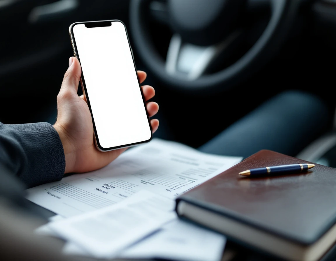Business professional with mileage tracking materials and receipts on car dashboard