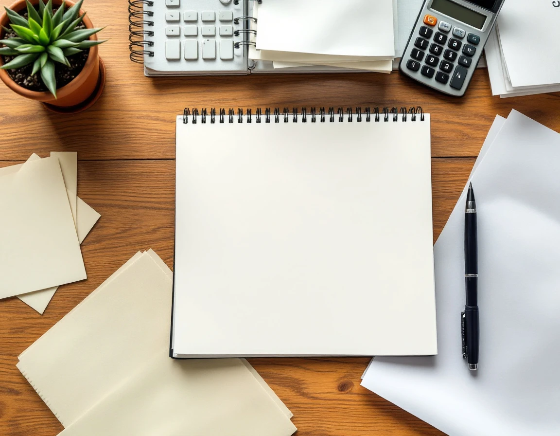 Organized desk workspace with blank notebook, calculator, and unfocused expense documentation for record-keeping