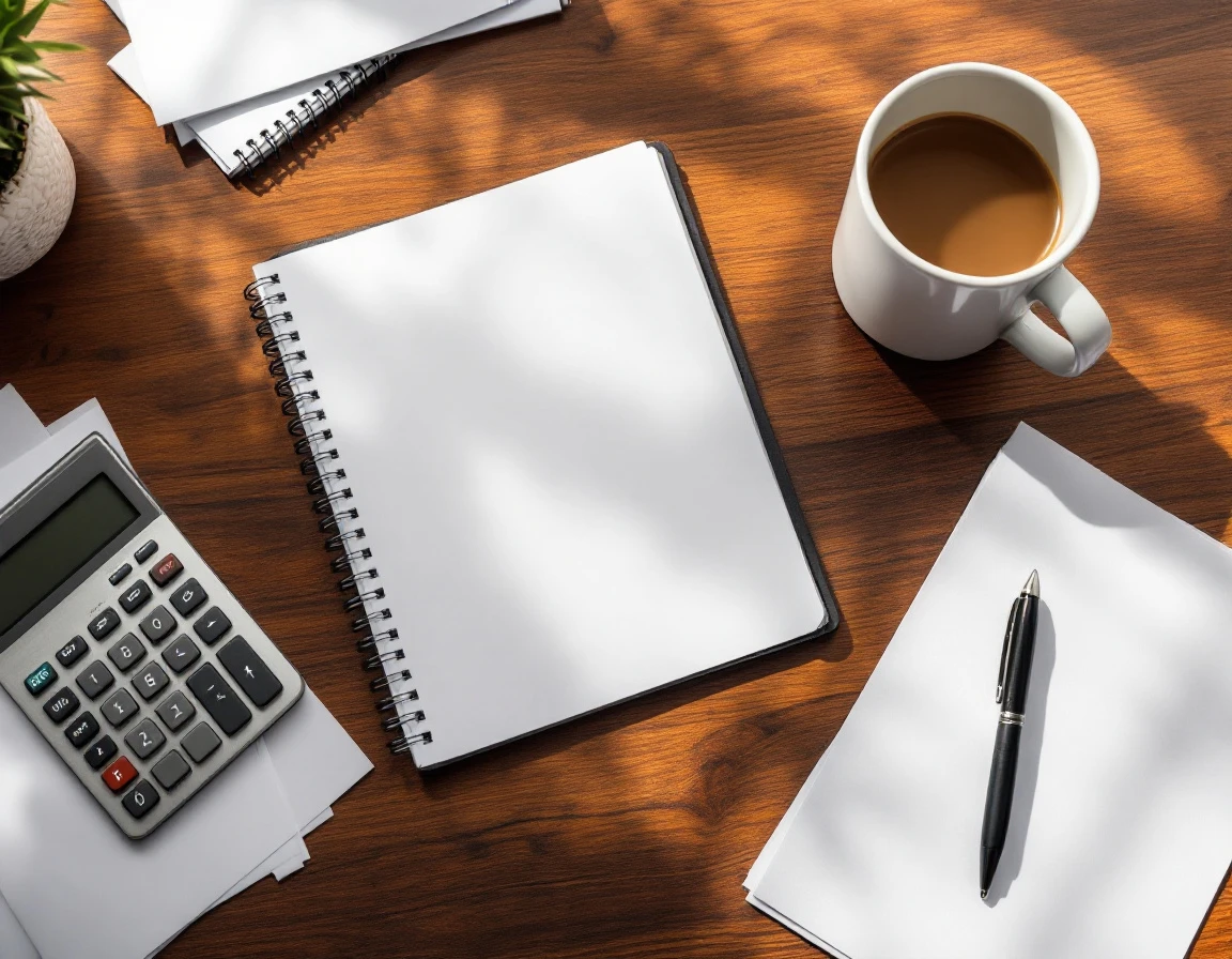 Overhead view of desk with calculator, coffee, and blank financial ledger for year-end bonus planning