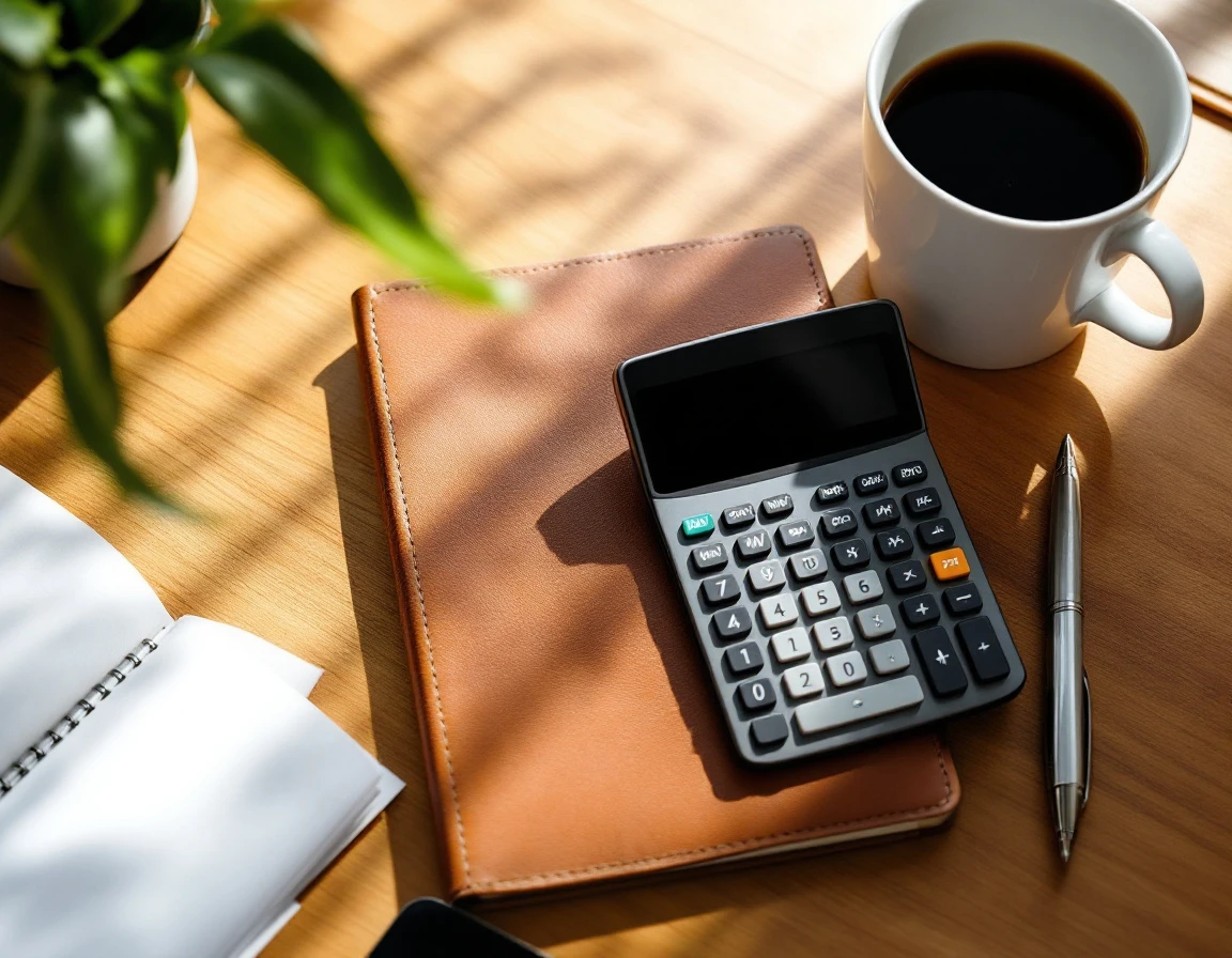 Desktop workspace with calculator, notebook, and coffee showing payroll calculation setup