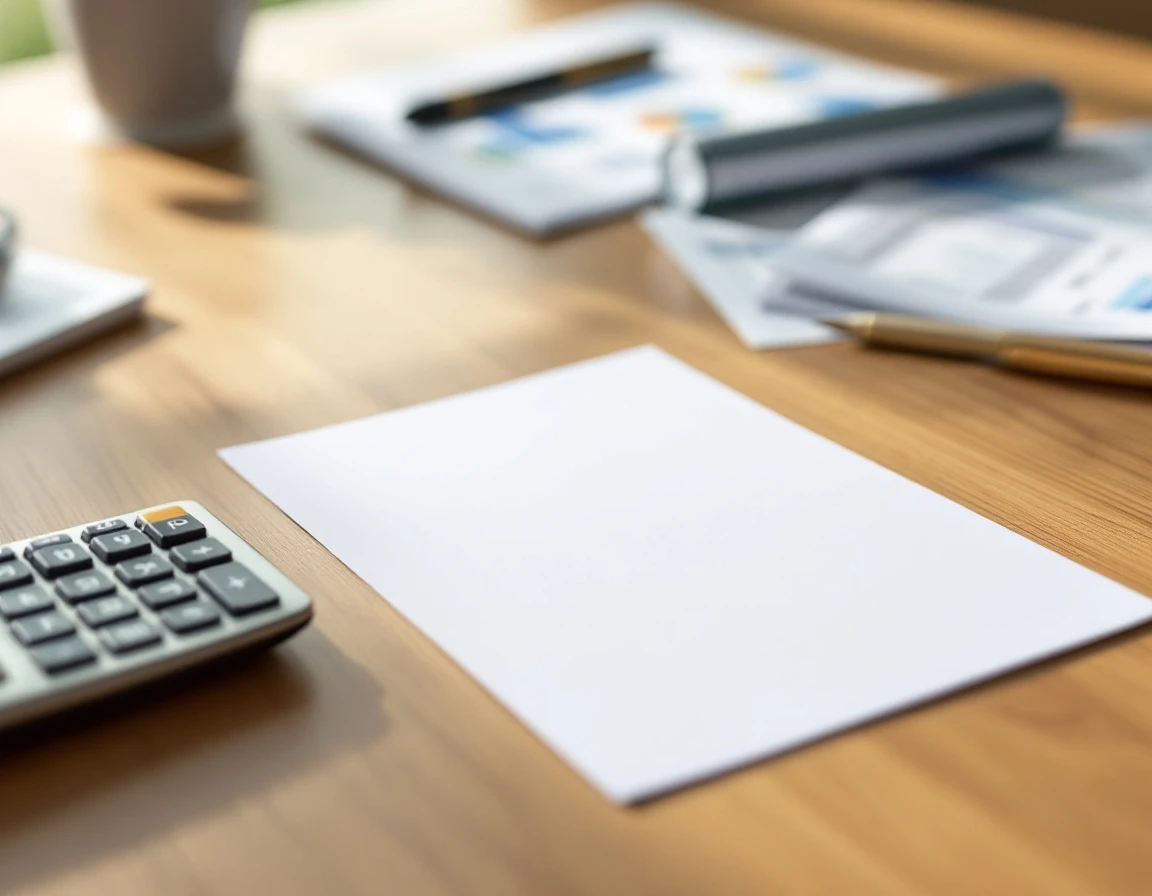 Clean desk workspace with calculator and planning materials for year-end bonus calculations