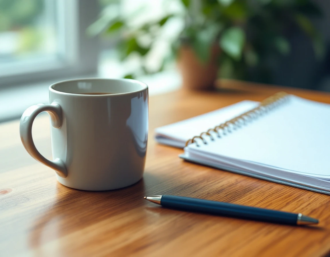 Calculator and coffee on wooden desk with blurred notebook during tax preparation