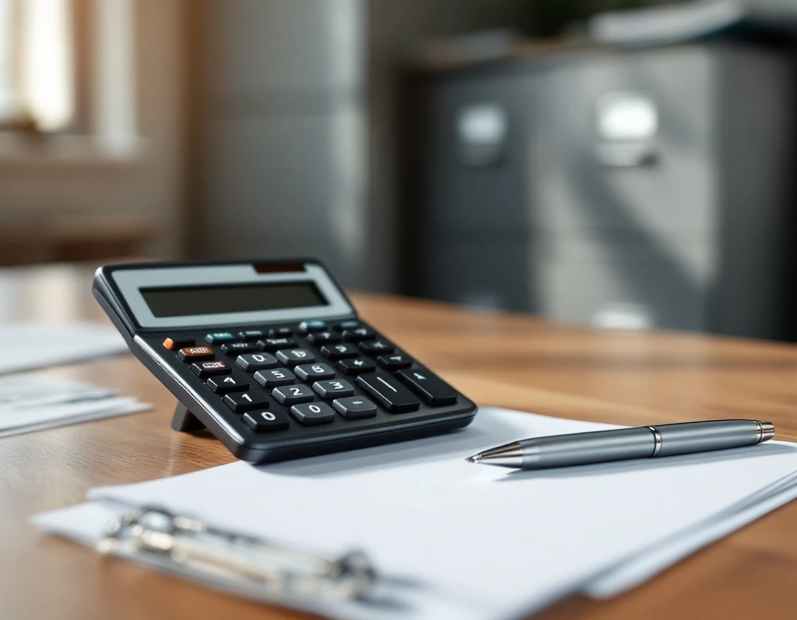 Calculator and blank papers on wooden desk with filing cabinets for quarterly tax reconciliation
