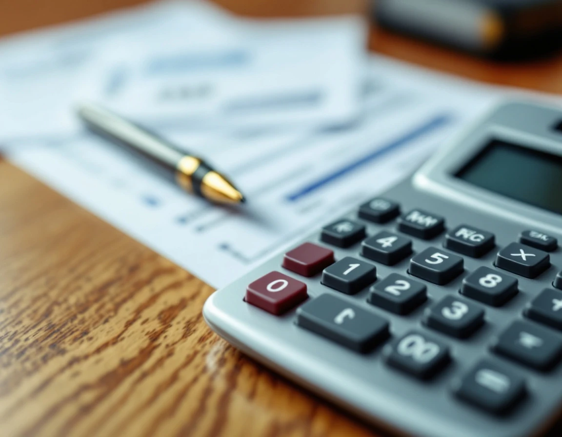 Desktop calculator on wooden desk with blurred tax forms in background during quarterly filing preparation