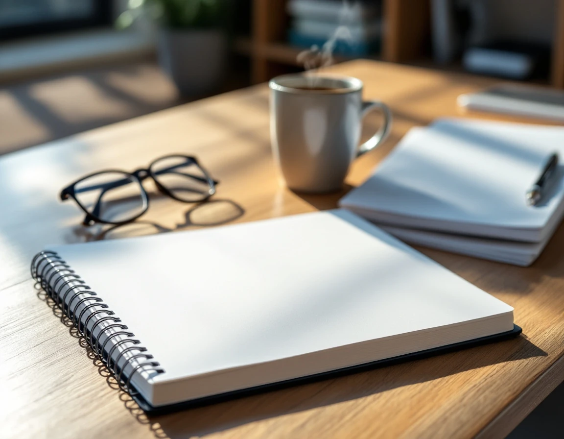 Clean office workspace with blank notebook, coffee mug, and eyeglasses on wooden desk in natural light