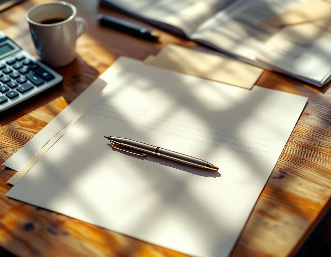 Wooden desk with calculator, pen, and heavily blurred tax paperwork representing multi-state payroll compliance