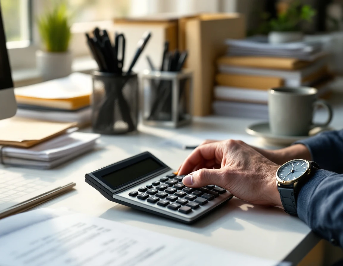 Professional payroll workspace with calculator and organized office supplies on clean desk surface