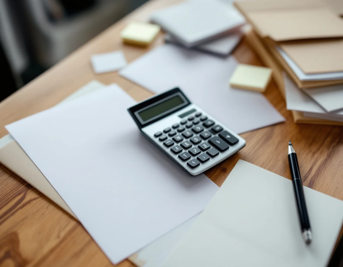 Office desk with calculator and financial paperwork arranged for payroll cost analysis