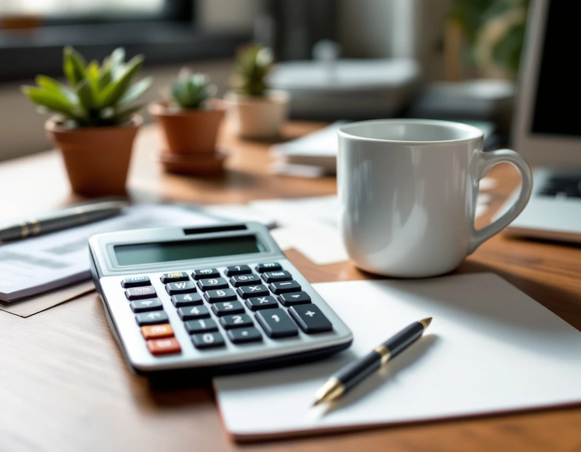 Professional desk workspace with calculator, blank notepad, and coffee for small business tax compliance work
