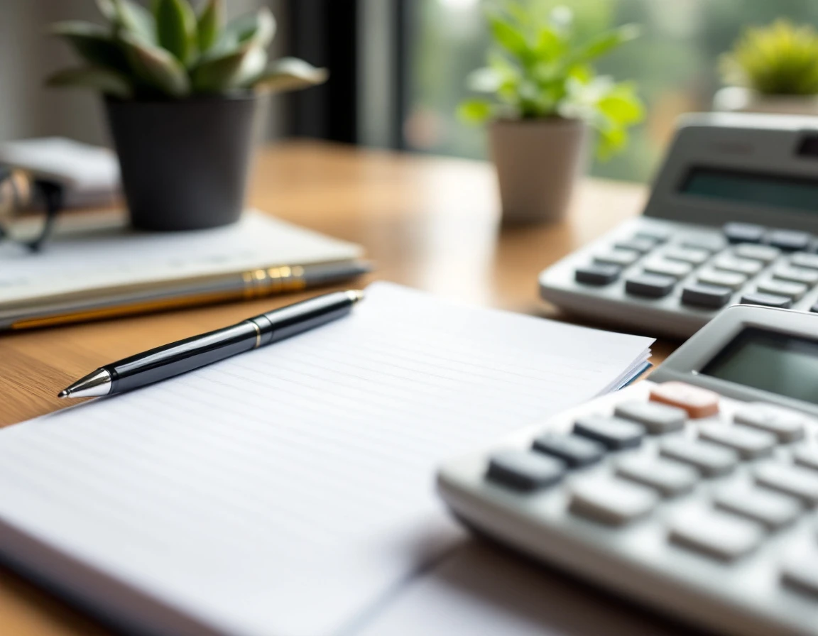 Desk workspace with calculator, notepad, and pen for small business payroll tax compliance documentation