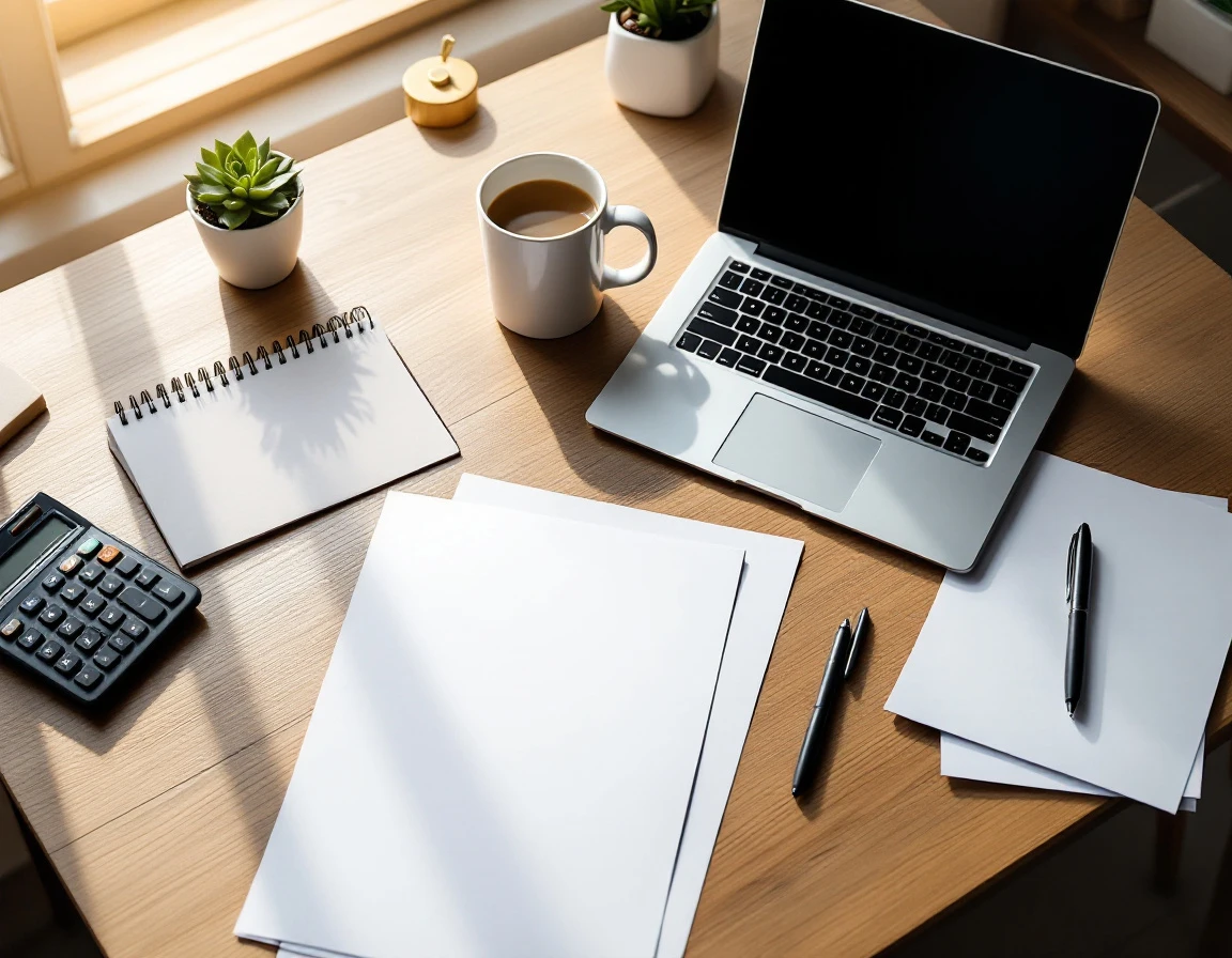 Clean desk workspace with laptop, calculator, blank papers, and coffee mug for payroll automation tasks