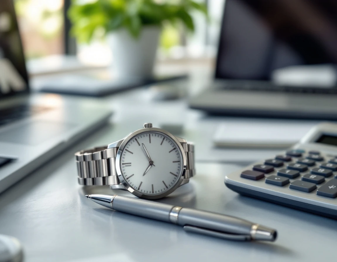 Desk workspace with analog watch, calculator, and pen representing traditional payroll processing tools