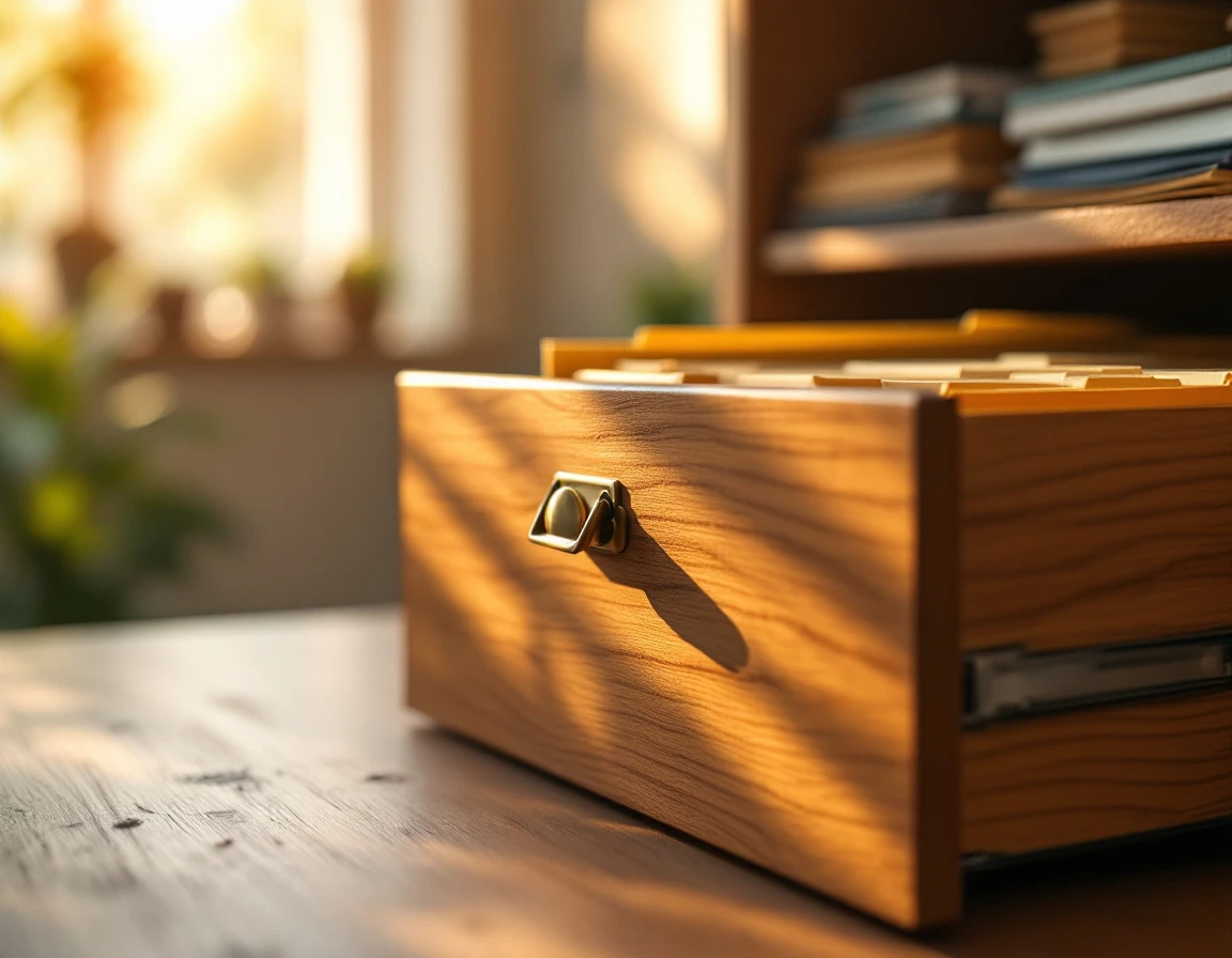 Wooden filing cabinet drawers with organized folders in soft focus, emphasizing professional document management