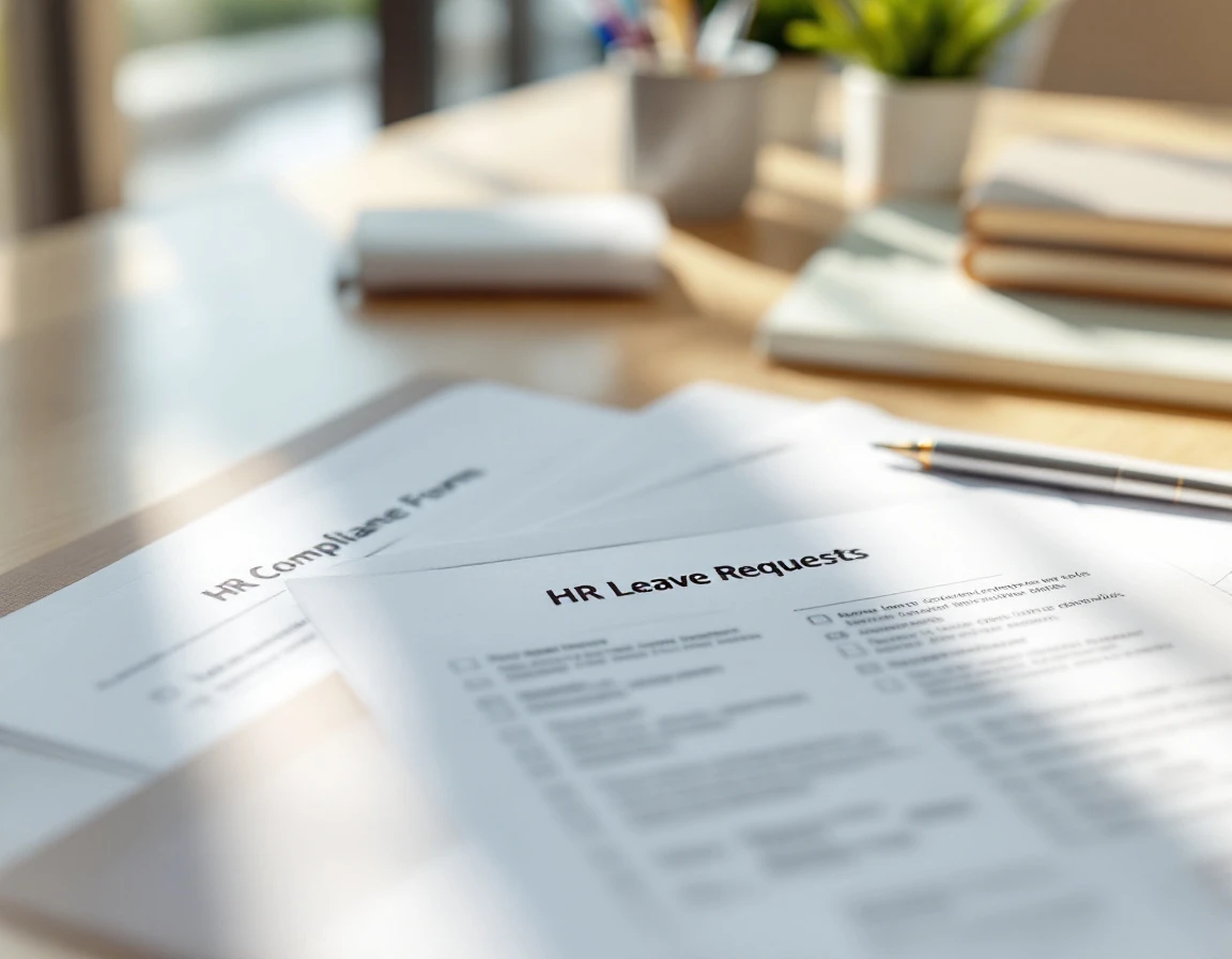 FMLA leave request forms and HR compliance documentation arranged on professional office desk with natural lighting