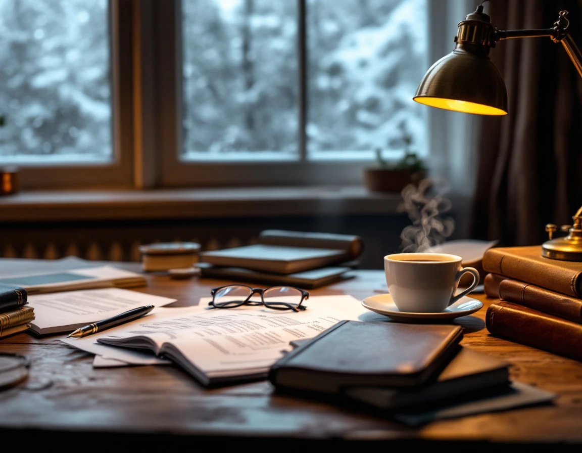 Organized home office desk with financial planning materials and warm lighting during winter