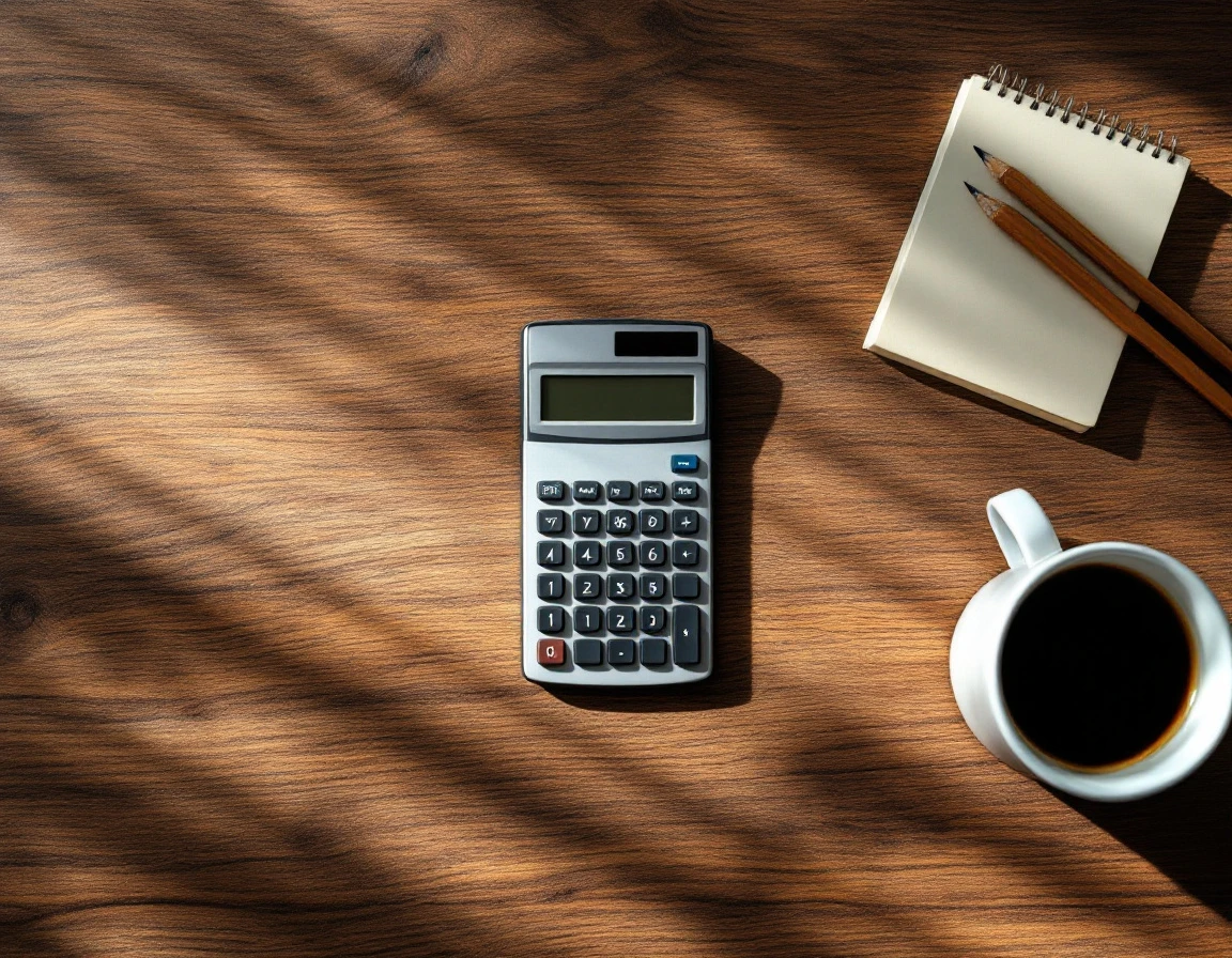 Clean desk workspace with calculator and coffee mug for payroll compliance work