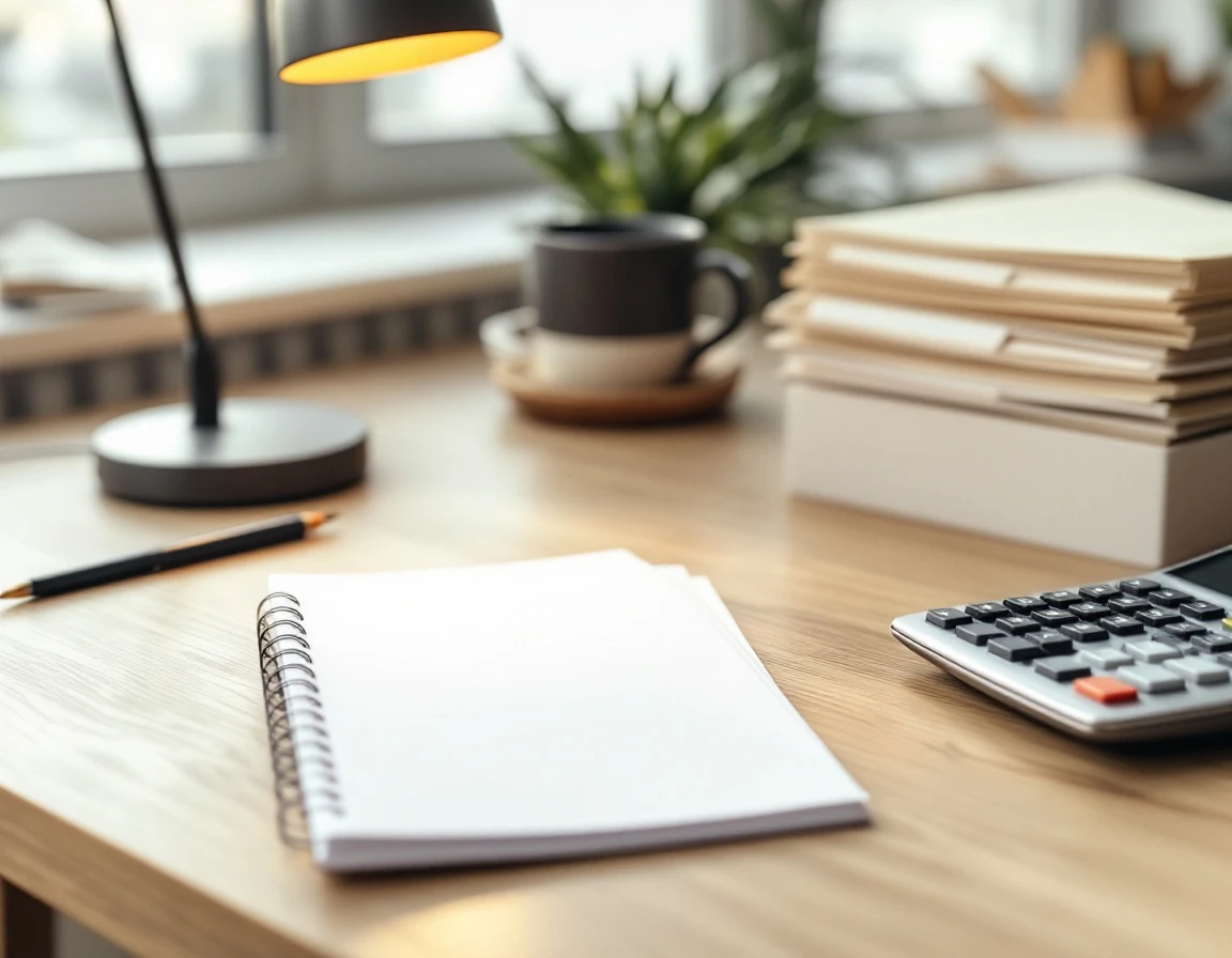 Organized desk with blank notepad, calculator, and file folders in natural office lighting