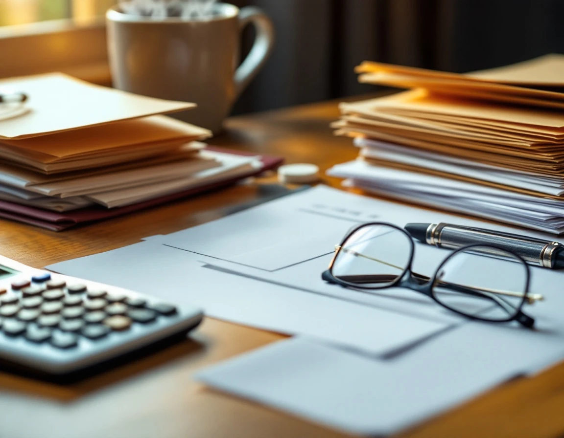 Organized desk workspace with tax folders, calculator, and coffee during year-end payroll preparation