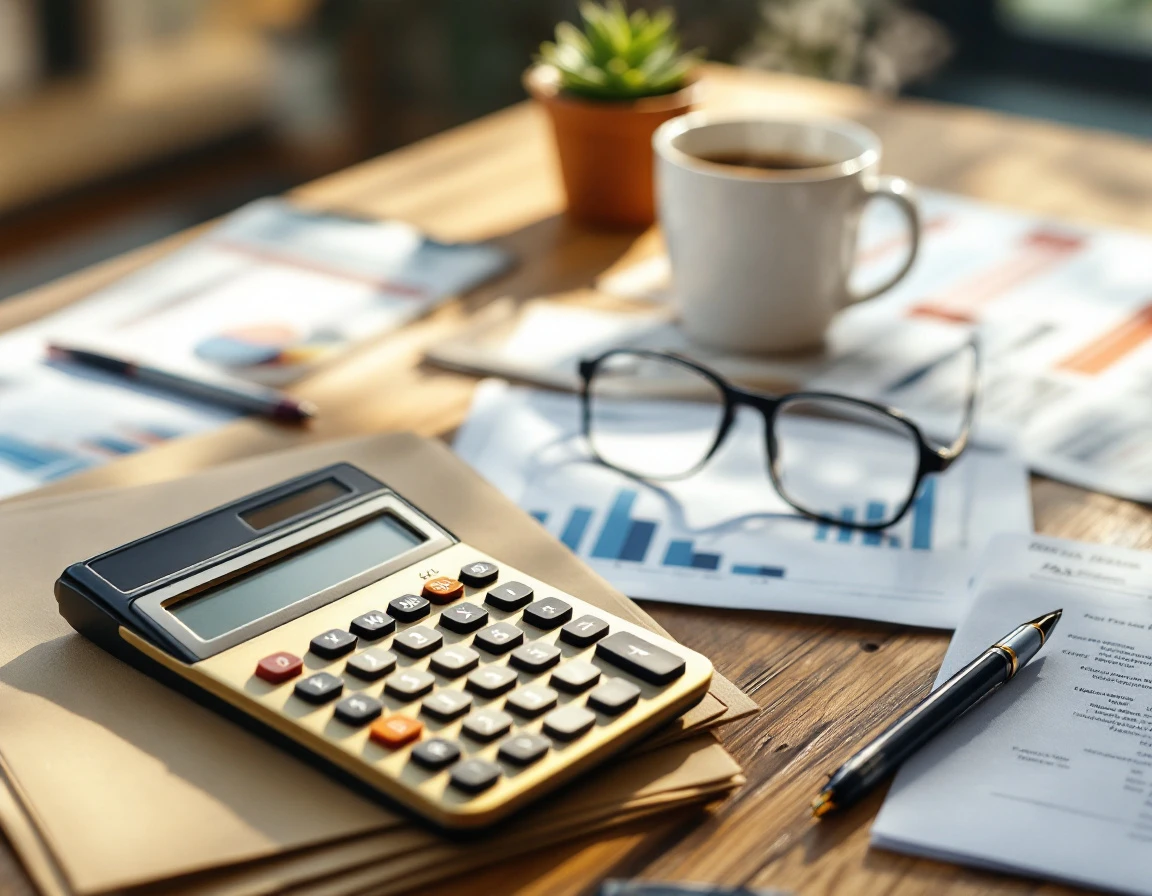 Desk with calculator, tax documents, and coffee during year-end payroll compliance review session
