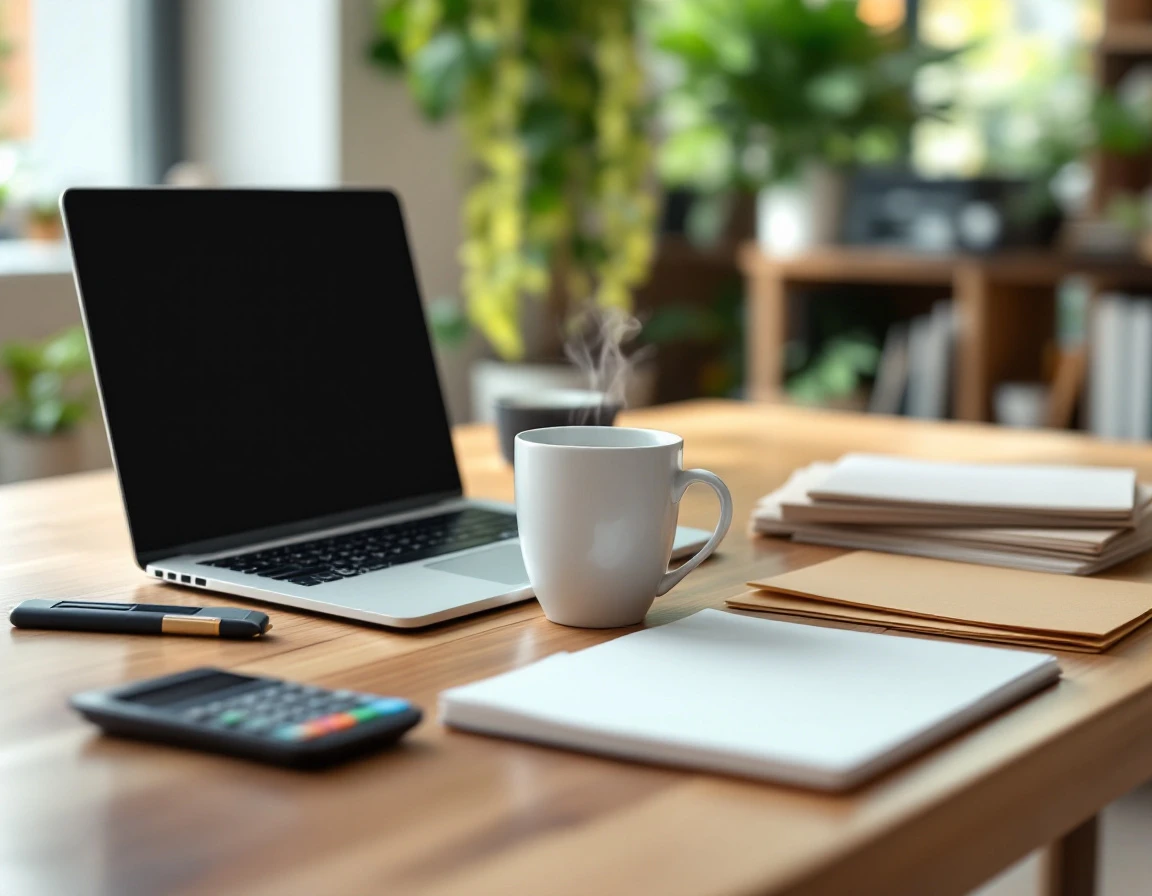 Organized workspace with laptop, calculator, and paperwork on wooden desk with morning light