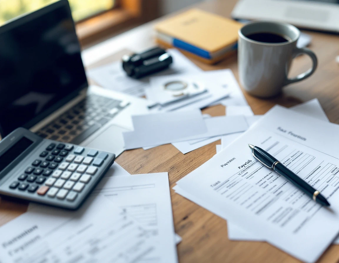 Overhead view of desk with blank tax forms, calculator, and coffee during small business payroll processing