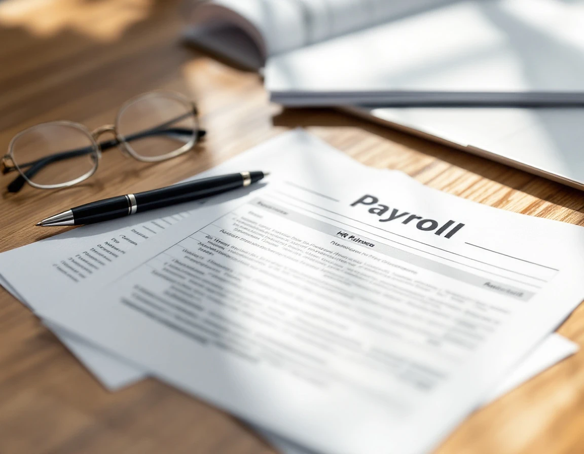 Blurred payroll documents and pen on wooden desk surface with natural lighting