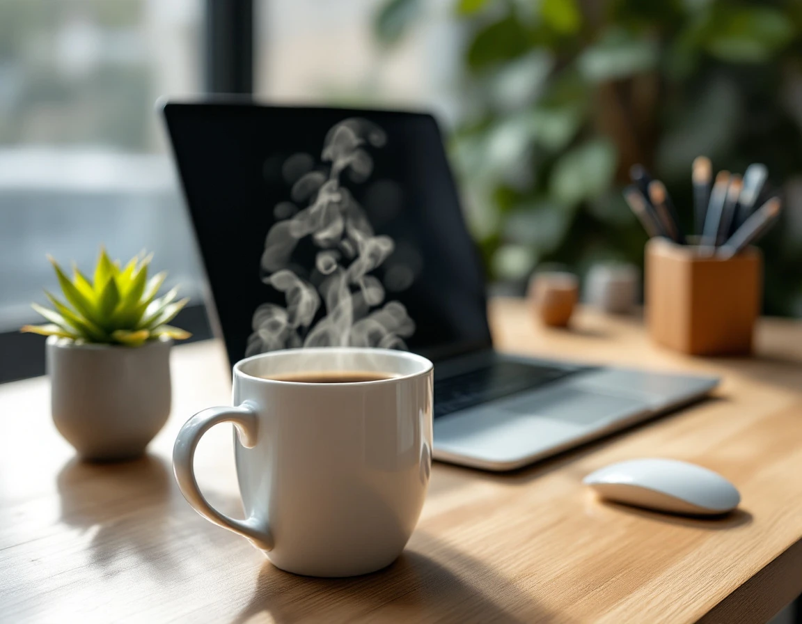 Modern office desk with laptop, coffee cup, and succulent in soft natural morning light