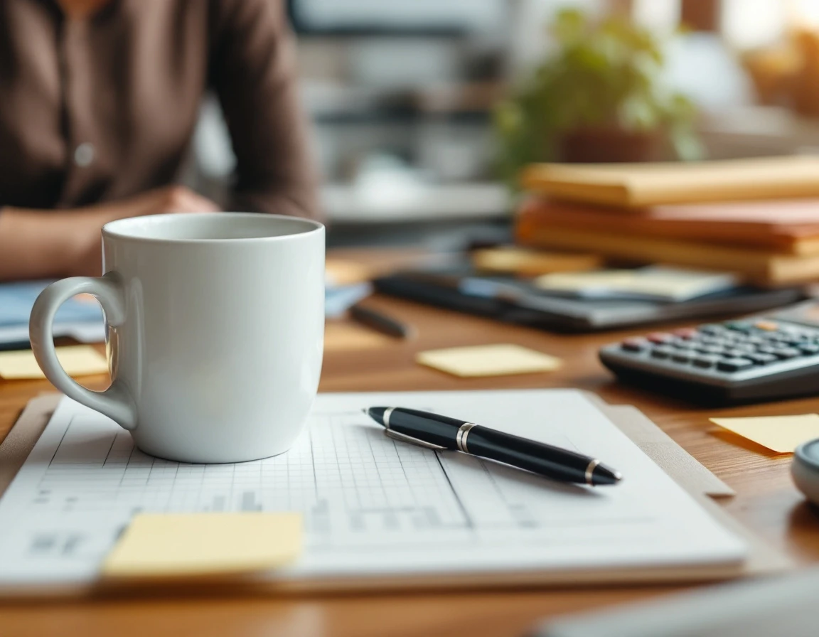 Organized HR desk with coffee mug, clipboard, and blurred paperwork suggesting time-off tracking workflow