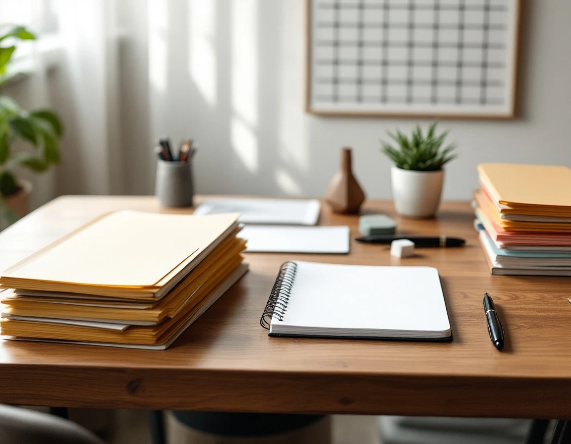 Organized HR workspace with file folders, desk organizers, and office supplies arranged systematically
