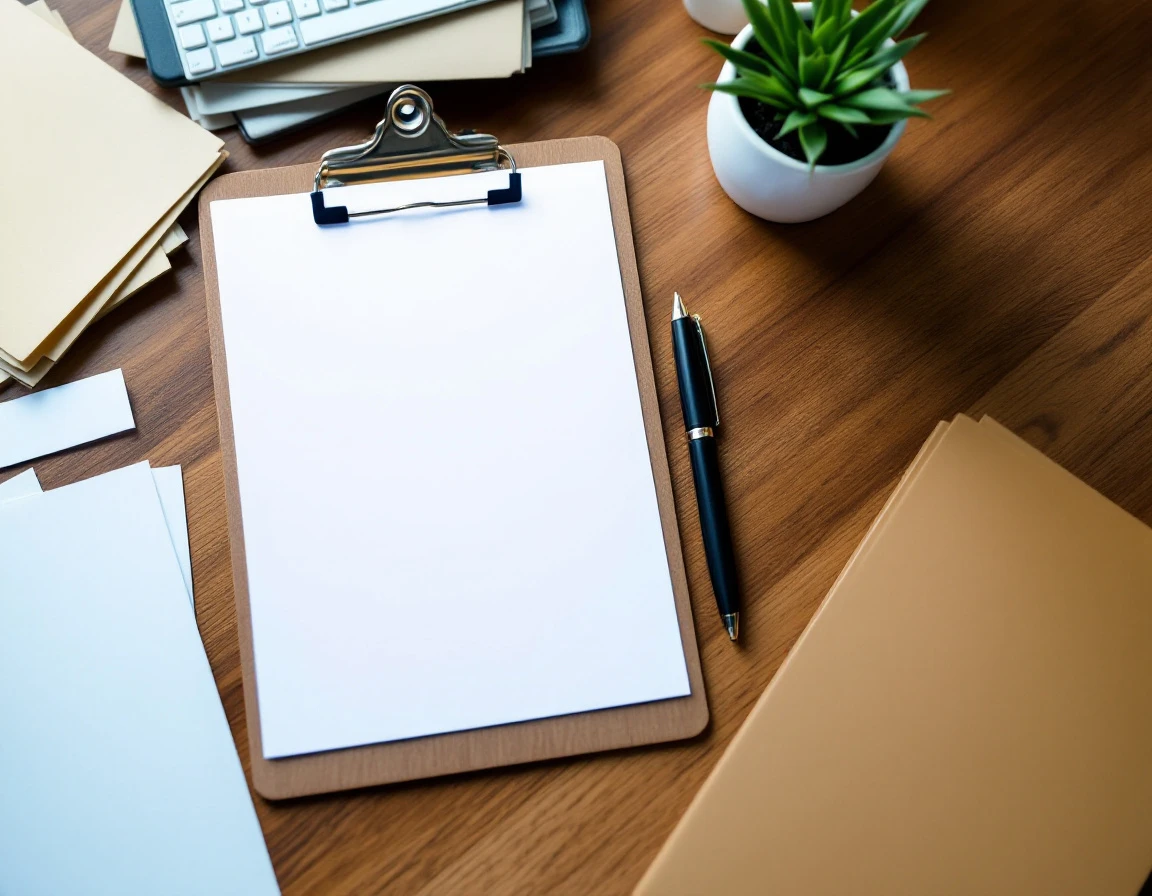 Organized desk with blank clipboard and blurred compliance documents for small business HR onboarding