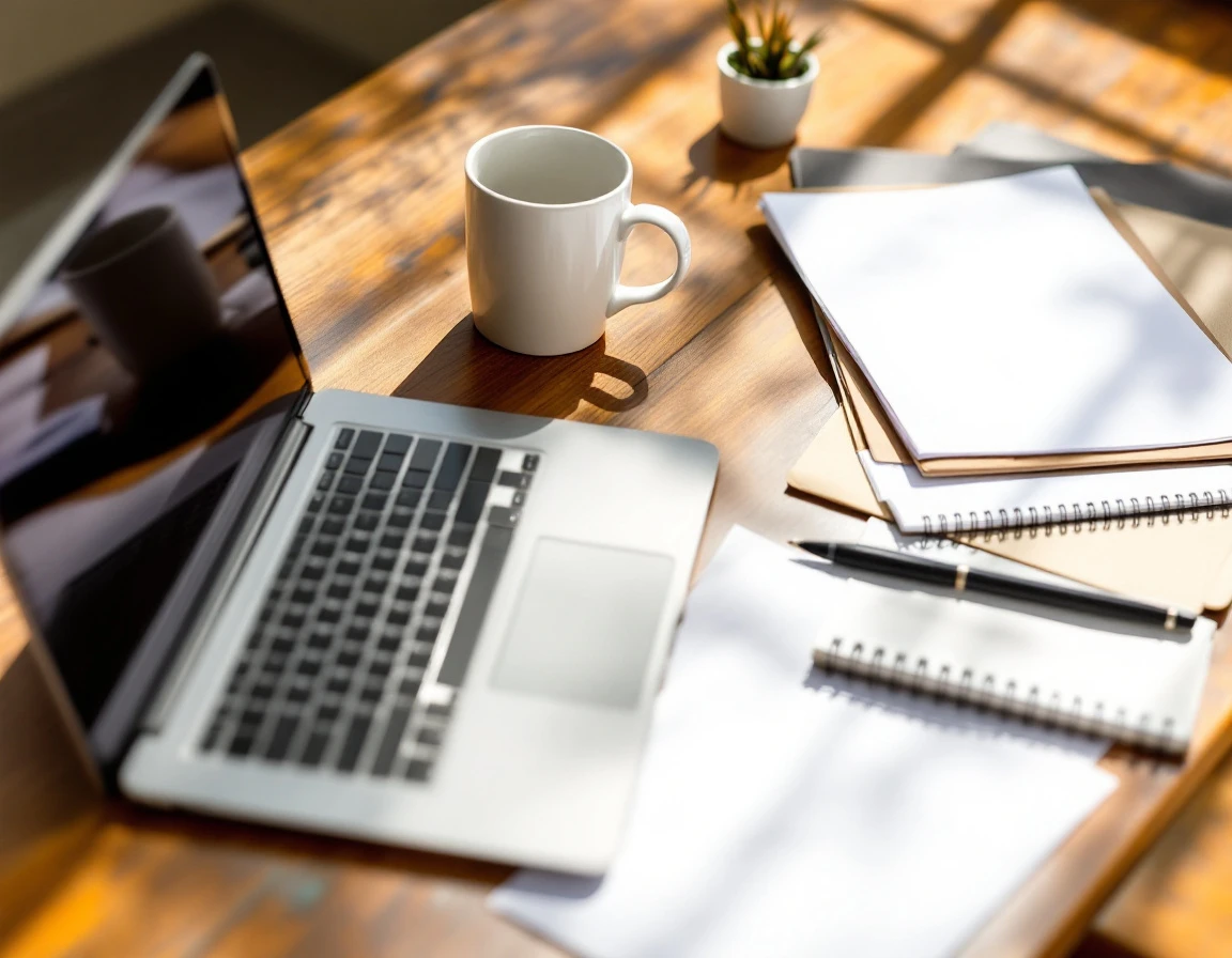 Professional desk workspace with laptop, coffee, and organized paperwork for employee onboarding setup