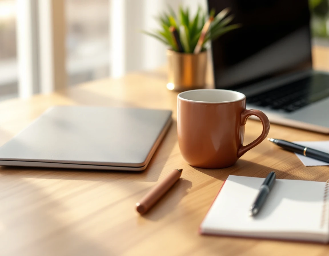 Organized workspace with laptop, notebook, and coffee mug on wooden desk with natural lighting