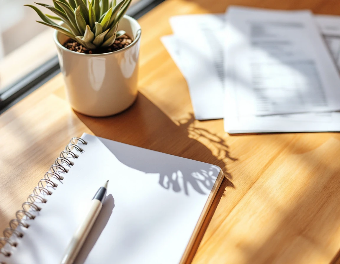 Organized payroll workspace with blank notepad, calculator, and spreadsheets on wooden desk with coffee and plant