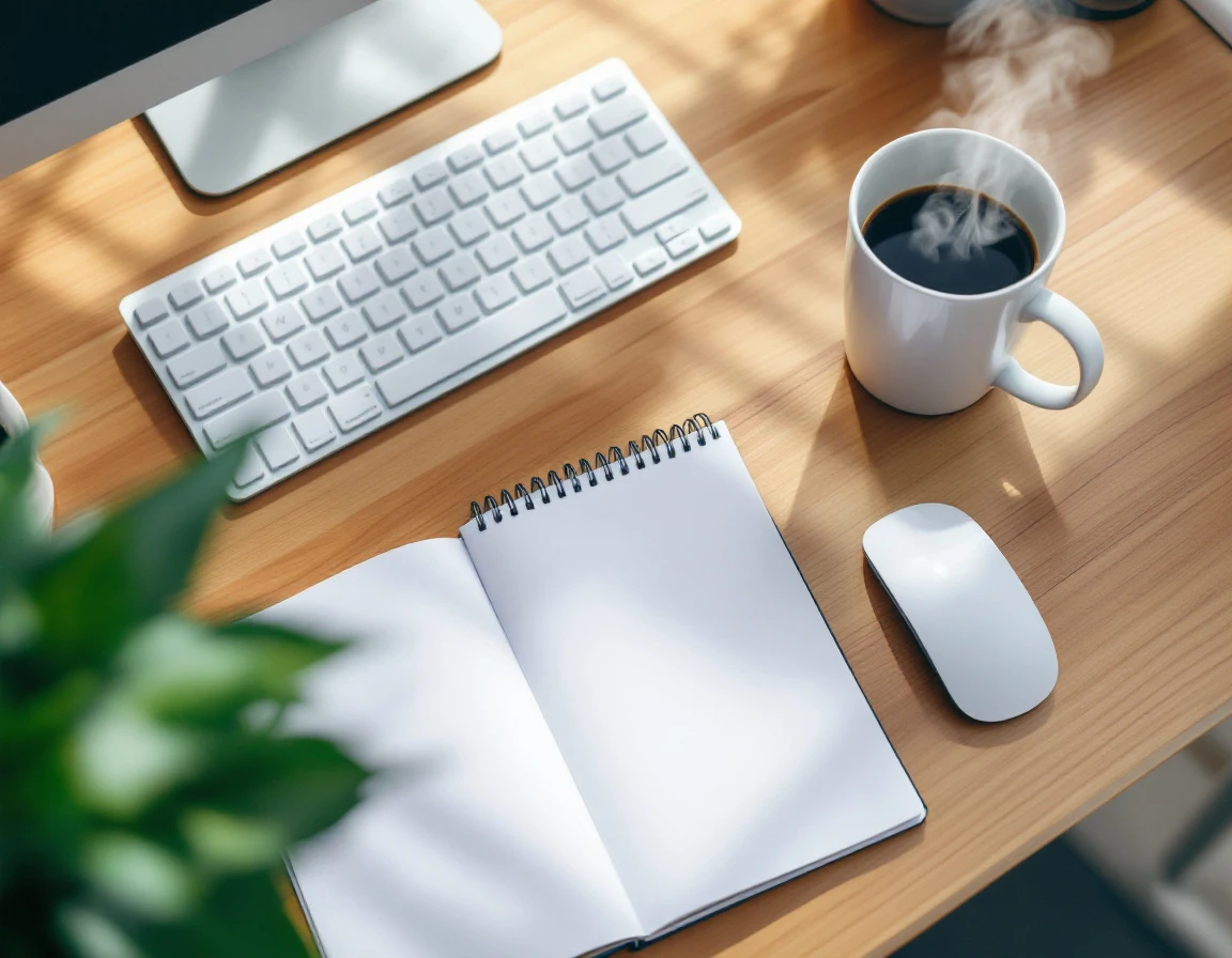 Clean office workspace with keyboard, mouse, blank notebook, and coffee cup on wooden desk
