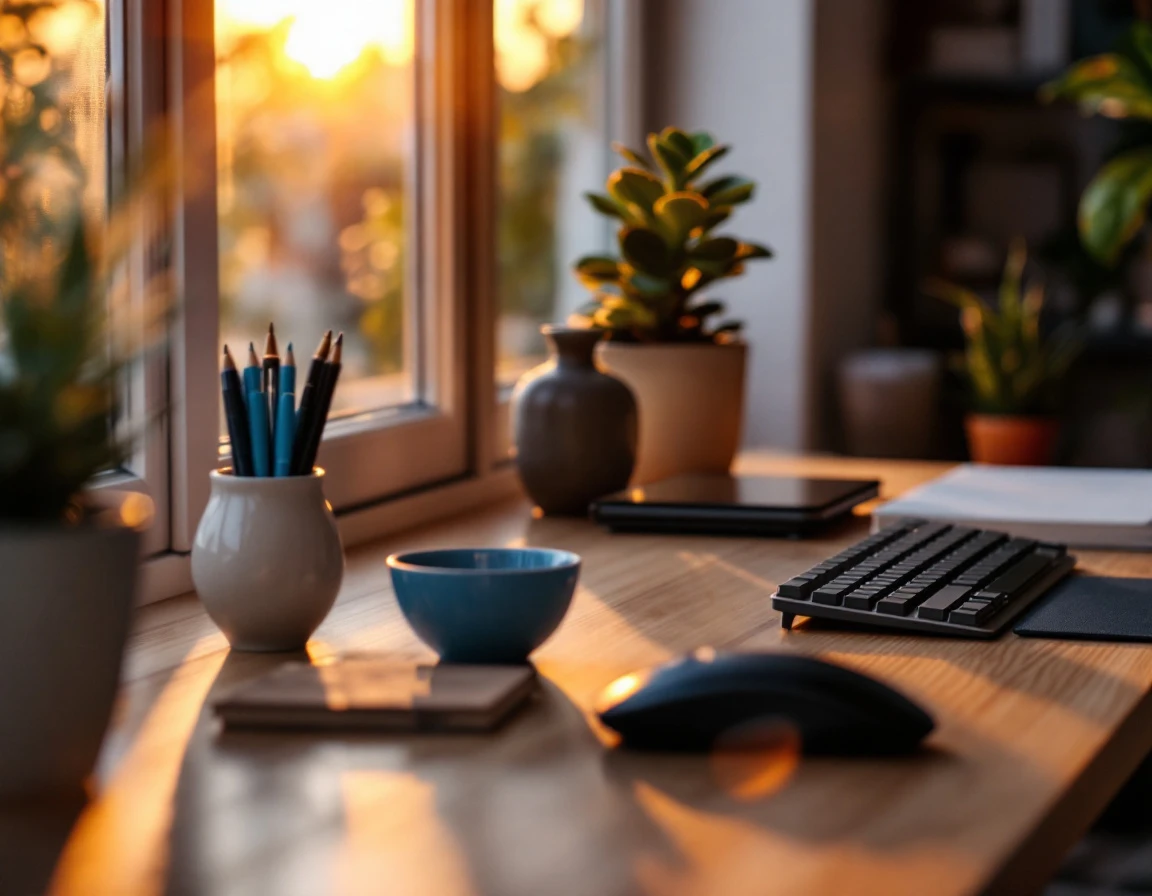Home office desk with laptop and workspace accessories during natural daylight hours