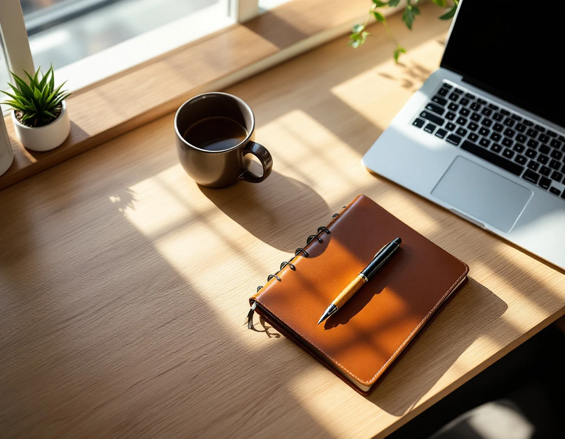Organized home office desk with laptop and coffee mug in natural morning light