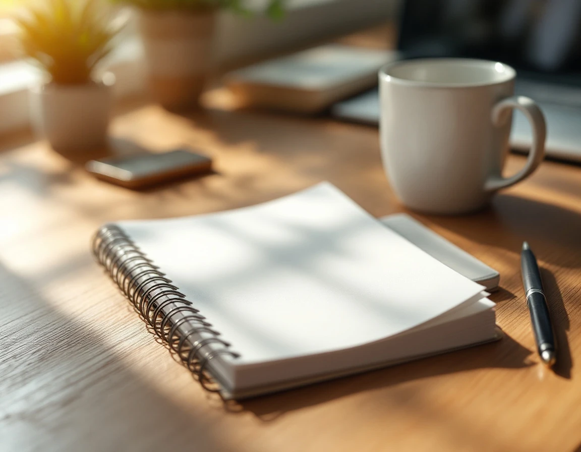 Blank notebook and coffee mug on wooden desk with natural window lighting in small business workspace