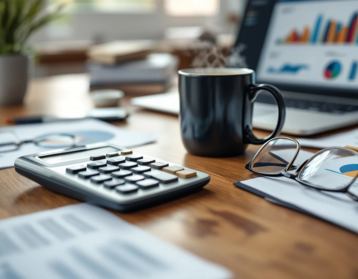 Calculator, coffee, and planning materials on a small business owner's desk during Q4 budget forecasting