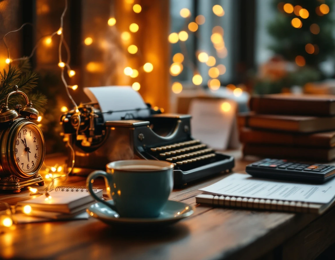 Vintage typewriter, brass clock, and leather notebooks on wooden desk with warm holiday string lights