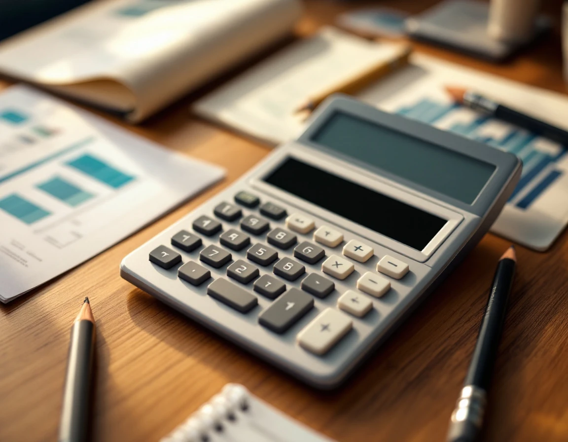 Calculator and financial documents on wooden desk for Q4 payroll budget planning