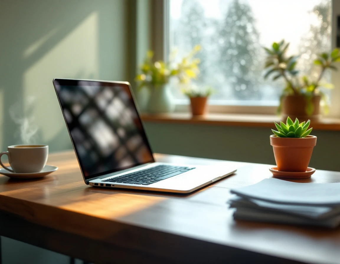 Modern home office workspace with laptop and coffee in soft natural lighting with blurred screen details