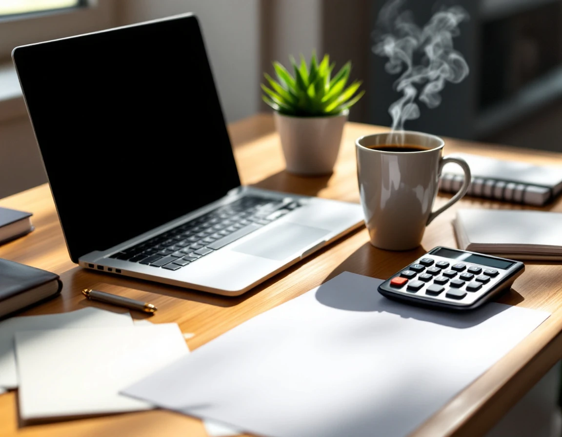 Organized desk with calculator, laptop, and blank papers in natural morning light for tax preparation planning