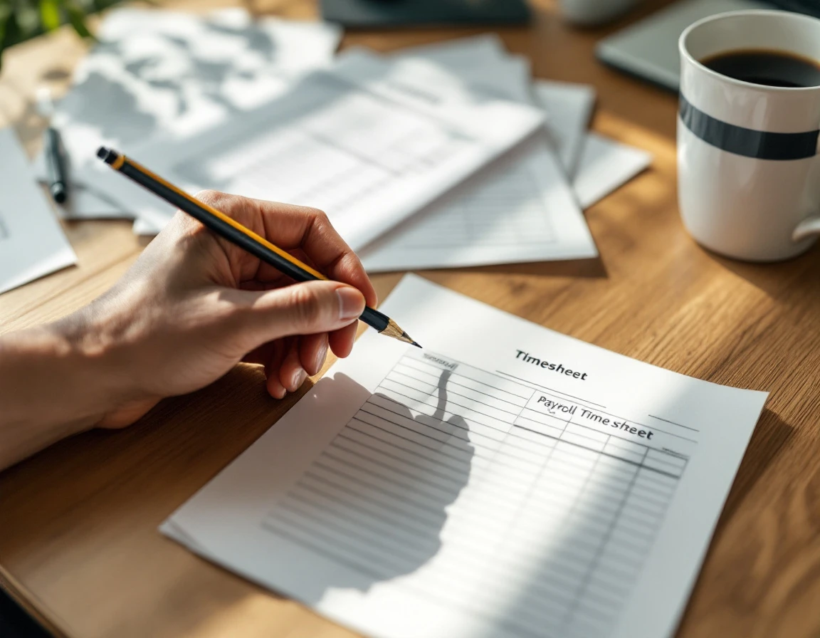 Hand with pencil reviewing scattered timesheet forms on wooden desk with morning coffee