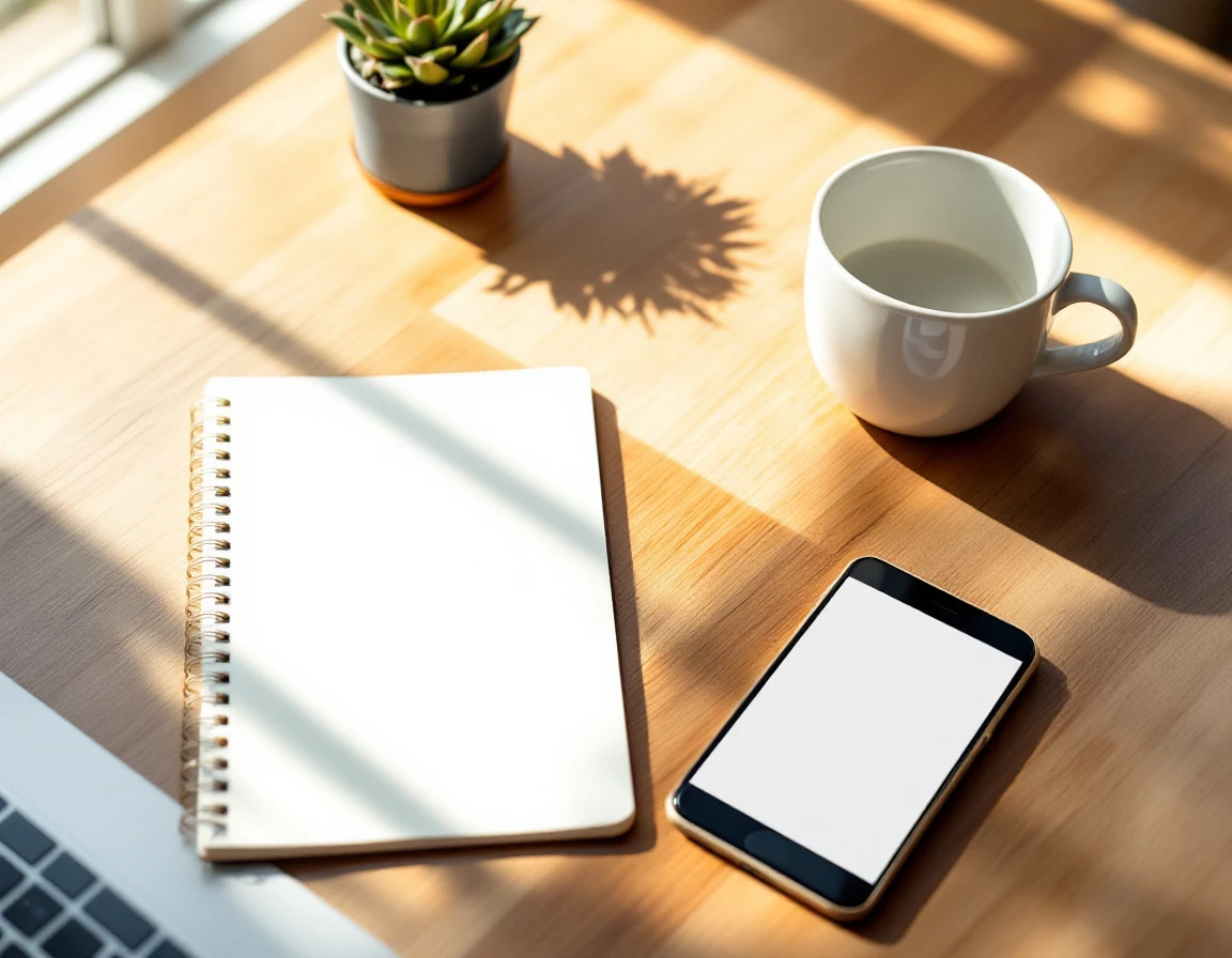 Organized office desk with closed notebook, phone, and coffee mug on wooden surface in natural summer light