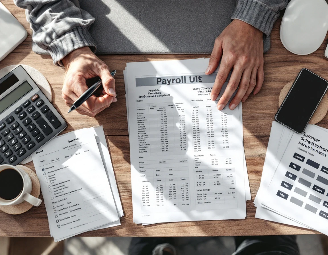 Hands reviewing employee timesheet documents with calculator and keyboard on organized desk during payroll processing