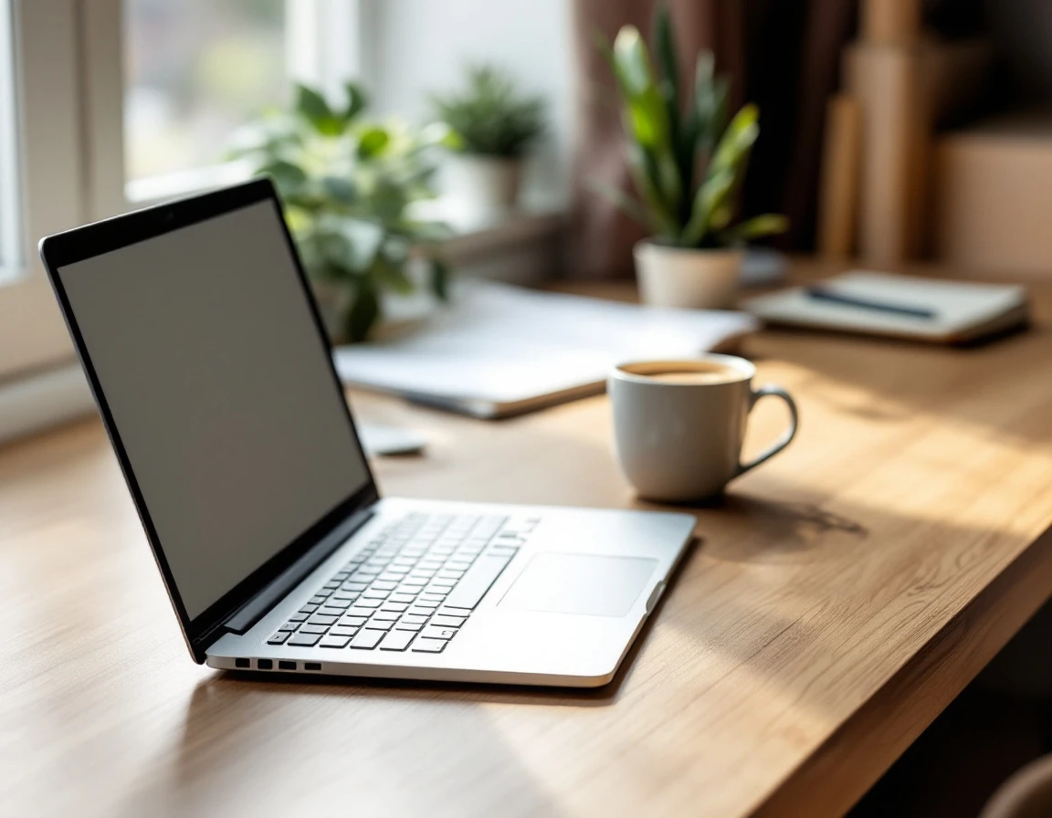Minimalist desk with laptop and coffee mug in natural window light, papers intentionally out of focus